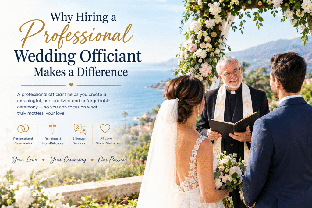 Professional wedding officiant conducting a personalized Santa Barbara wedding ceremony