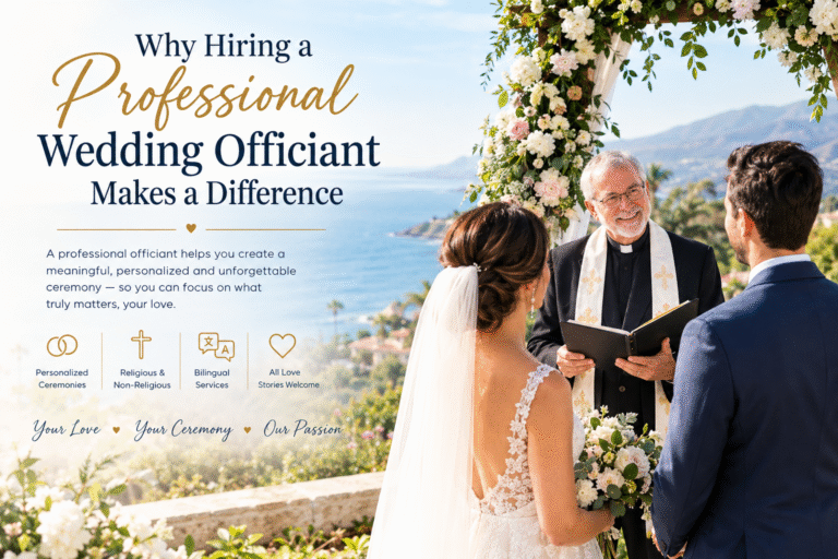 Professional wedding officiant conducting a personalized Santa Barbara wedding ceremony